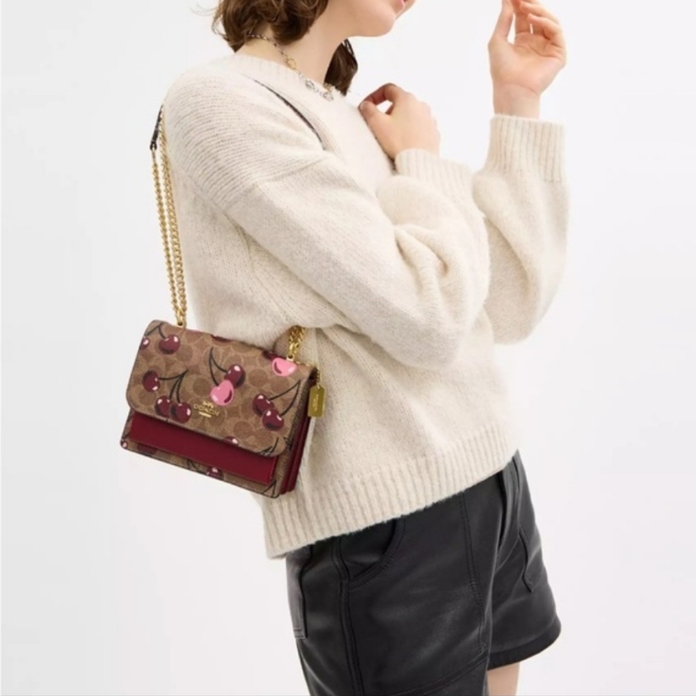 Coach Cherry Print Mini Crossbody Bag in Brown and Burgundy